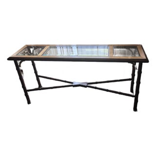 1940s Mid Century Lane Mahogany Faux Bamboo Glass Top Council Table For Sale