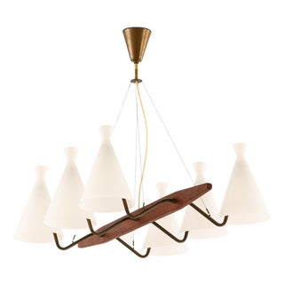 Ceiling Lamp in Brass, Teak and Opaline Glass attributed to Svend Aage Holm Sørensen, 1950s For Sale