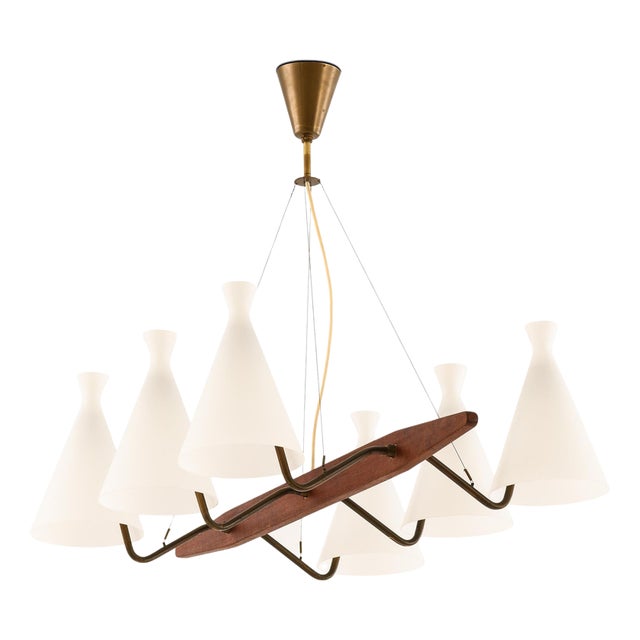 Ceiling Lamp in Brass, Teak and Opaline Glass attributed to Svend Aage Holm Sørensen, 1950s For Sale