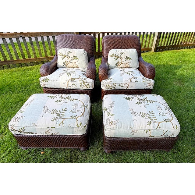 Hickory Chair Furniture Company Mark Hampton for Hickory Chair Woven Lounge Chairs & Ottomans in Colefax & Fowler—Set of 2 For Sale - Image 4 of 18