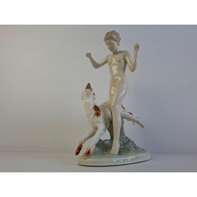 Ceramic Art Deco Diana with Greyhound by Elly Strobach König for Royal Dux, 1930 For Sale - Image 7 of 18