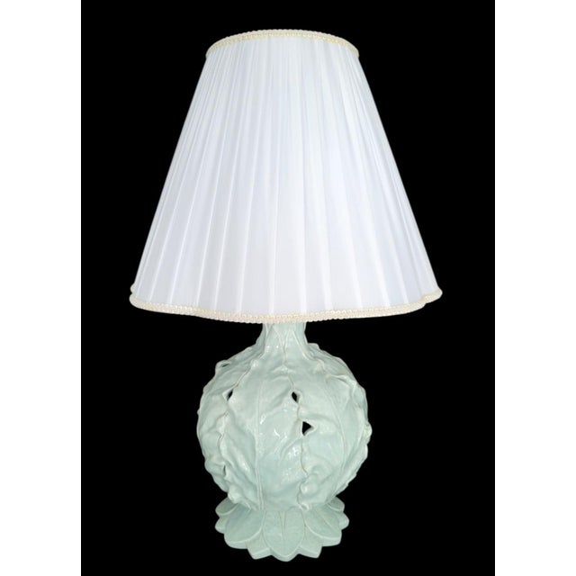 Traditional Vintage Baby Blue Glazed Ceramic Regency Cabbage Table Lamp Pleated White Shade For Sale - Image 3 of 9