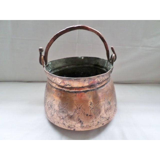 Mediterranean Antique Middle Eastern Engraved Copper Pot With Handle and Sprout For Sale - Image 3 of 7