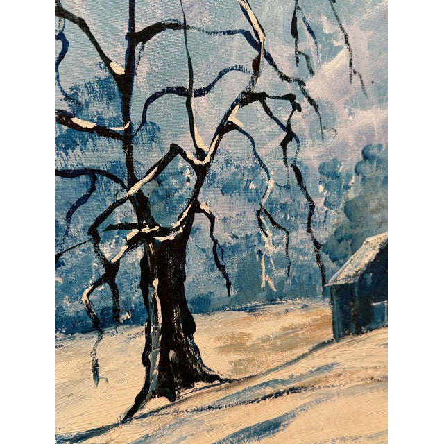 Mid-Century Modern Vintage Scandinavian Modern Folk Art Winter Landscape Expressionist Original Framed Oil Painting For Sale - Image 3 of 12