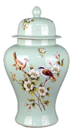Antique Chinese Ceramic Pot Green Ground Famille Rose Porcelain Ginger Jar Hand Painted Flowers and Birds Pattern