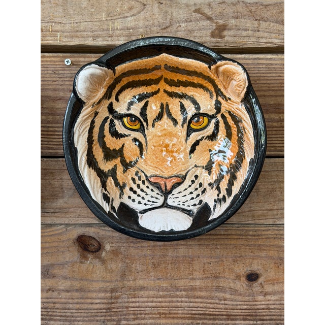 Vintage Italian Glazed Terracotta Tiger Wall Plate | Sculptural Ceramic Wall Art For Sale - Image 12 of 12