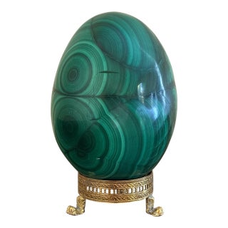 Large Solid Malachite Egg on Neoclassical Brass Stand With Paw Feet For Sale