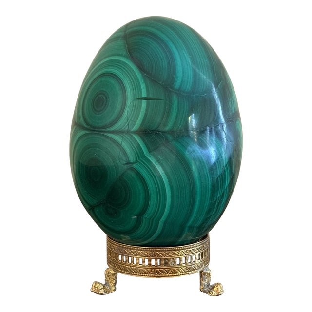 Large Solid Malachite Egg on Neoclassical Brass Stand With Paw Feet For Sale