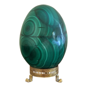Large Solid Malachite Egg on Neoclassical Brass Stand With Paw Feet