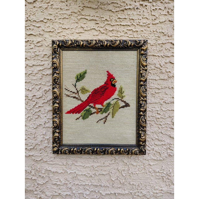 1960s Red Cardinal Bird Framed Needlepoint For Sale - Image 9 of 9