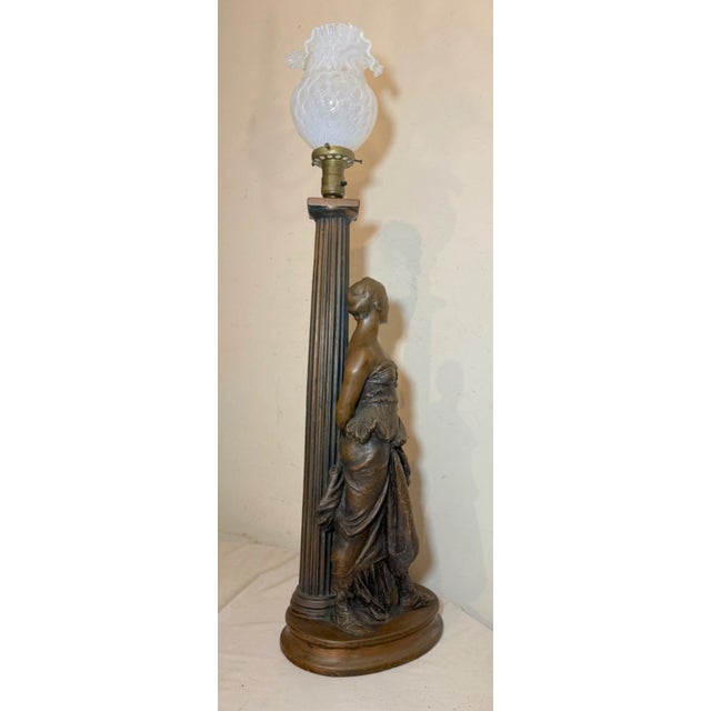 Huge Antique Marion Bronze Clad Co. Opal Glass Figural Lady Woman Table Lamp For Sale - Image 4 of 18