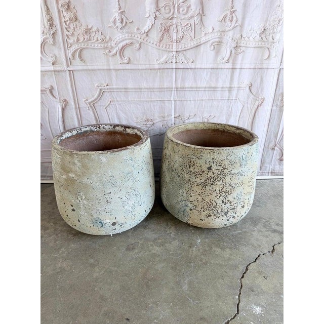 Rustic Pair of Large 20th Century Pitted Limestone-Finish Terra Cotta Planters For Sale - Image 3 of 14