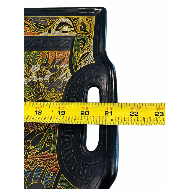 Folk Art Vintage Black Folk Art Style Floral Serving Tray With Handles For Sale - Image 3 of 7