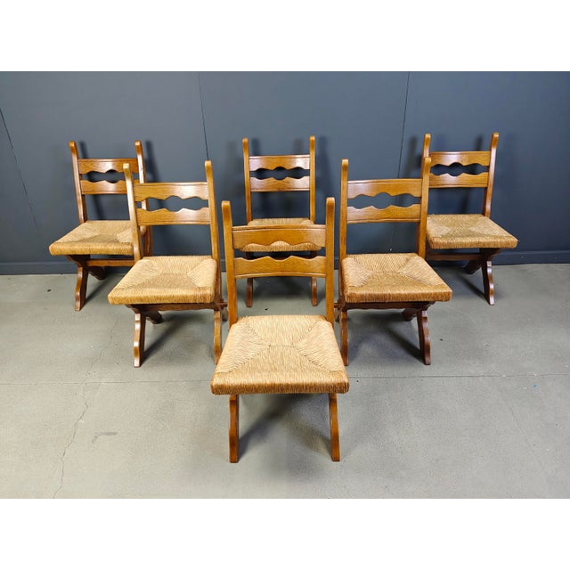Brown Vintage Oak and Wicker Brutalist Chairs, 1960s, Set of 6 For Sale - Image 8 of 12