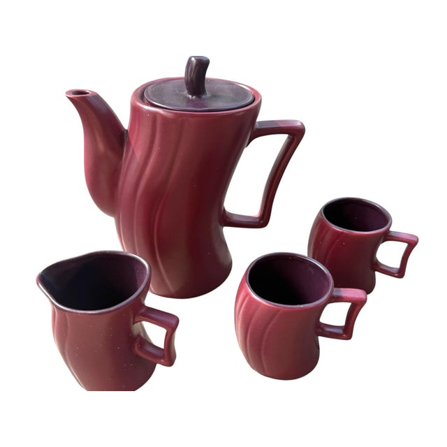 Vintage Royal Orchid Stoneware Burgundy Coffee Service, Postmodern Ribbed Design - 5 pcs For Sale - Image 4 of 7