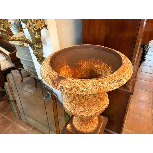 English Antique English Cast Iron Garden Urn on Pedestal For Sale - Image 3 of 5