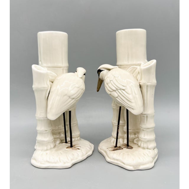 1970's Fitz & Floyd Japanese White Crane Candlesticks With Bamboo Bases – Hollywood Regency / Chinoiserie For Sale - Image 9 of 10