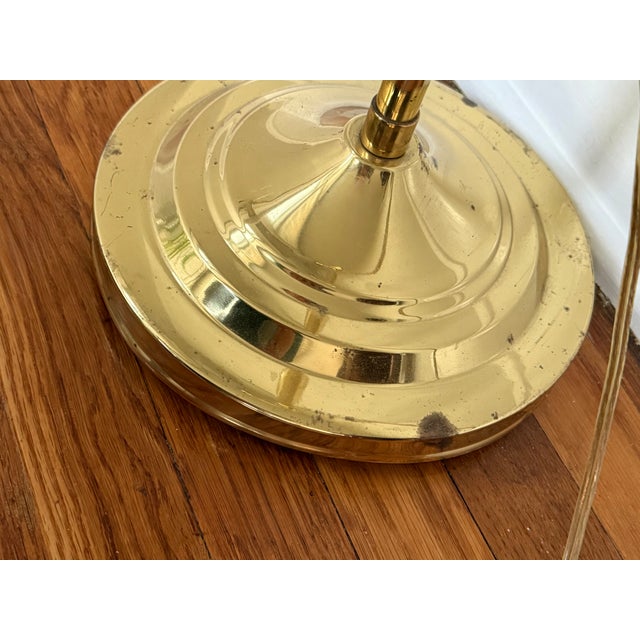 Late 20th Century Hollywood Regency Polished Brass Adjustable Height Pharmacy Floor Lamp With Hooded Shade For Sale - Image 11 of 12