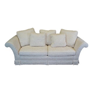 1990s Vintage Baker Stately Homes George IV Crewel Down Filled Rolled Arm Skirted Sofa For Sale