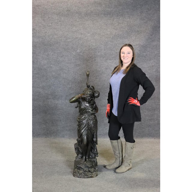 Traditional Signed Max Bourgeois Standing Bronze Figure of Maiden With Putti Holding Torch For Sale - Image 3 of 10