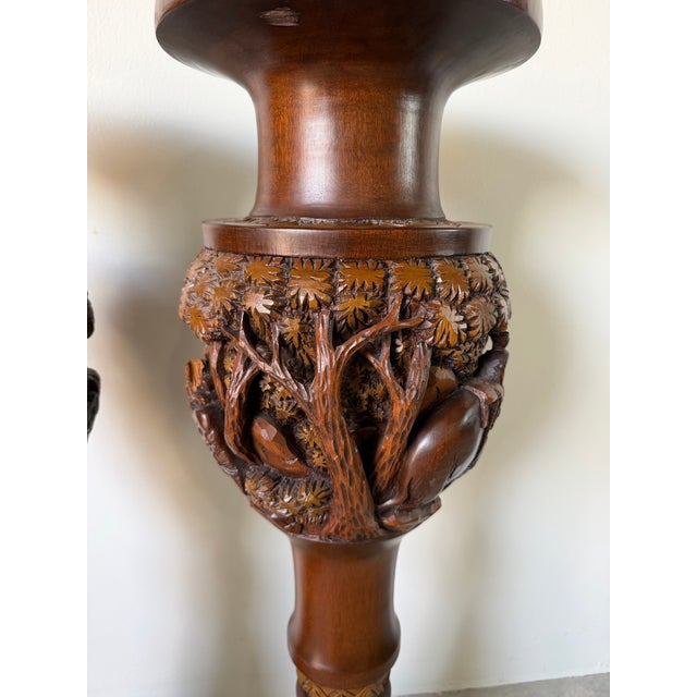 Vintage Handcrafted - Intricate Wildlife Relief Carvings Asian Teak Wood Floor Vases – Pair For Sale - Image 4 of 12