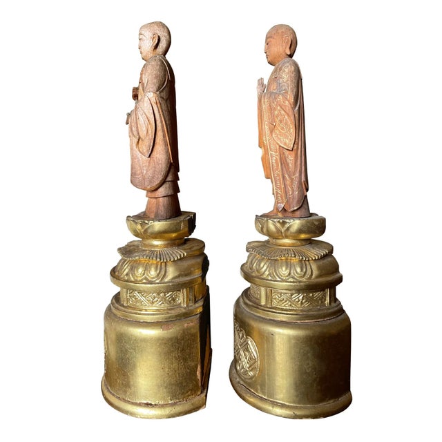 Antique Japanese Taishō Carved Zushi Monks on Gilt Bases- A Pair For Sale - Image 4 of 8