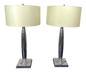 Mid-Century Modern Aluminum Table Lamps With New Custom Laced Shades French - a Pair