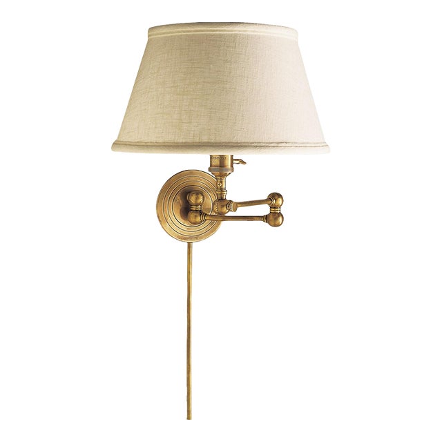 Chapman & Myers for Visual Comfort Signature Boston Swing Arm in Hand-Rubbed Antique Brass with Linen Shade For Sale