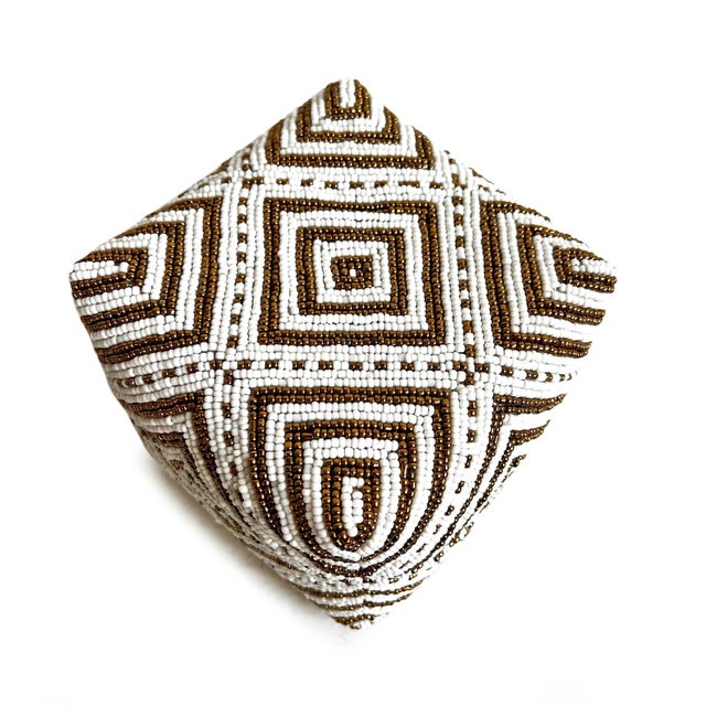 Early 21st Century Vintage Bamboo Beaded Box White & Gold Small For Sale - Image 5 of 9