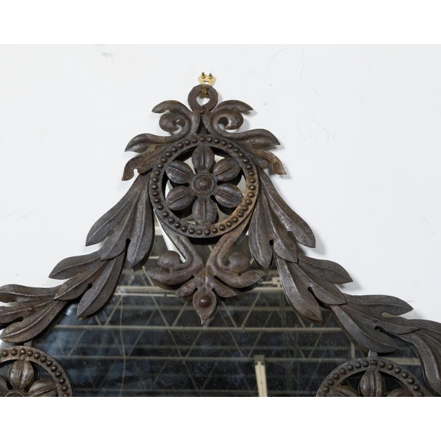 Spanish 19th Century Metal Wall Mirror with Rosettes, Foliage and Dark Patina For Sale - Image 12 of 12