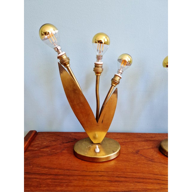 1950s Mid-Century Brass Table Lamps with Floral Decoration, 1950s, Set of 2 For Sale - Image 5 of 15