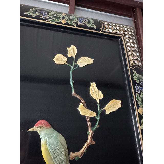 Vintage Chinese Five-Panel Black Lacquer Hardstone Inlaid Crane Room Divider Screen For Sale - Image 12 of 12