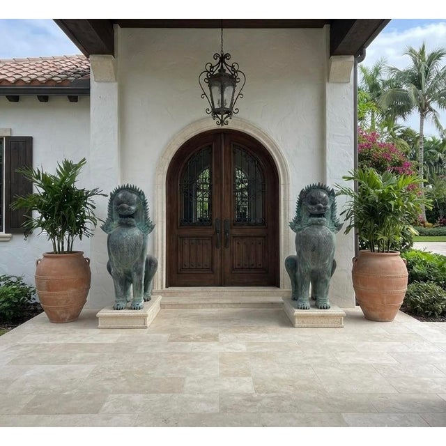 1990s Monumental Pair of Southeast Asian Verdigris Bronze Guardian Lion Statues For Sale - Image 11 of 12