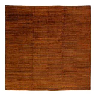 Modern Striped Tibetan Square Wool & Silk Rug With Earthy Tones For Sale