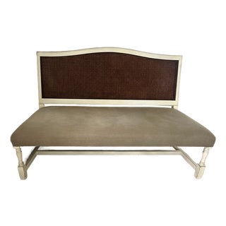 Drexel Double Canned Back Solid Wood Camel Back Settee /Bench With Chalk White Custom Distressed Finished and Light Sage Linen Fabric For Sale