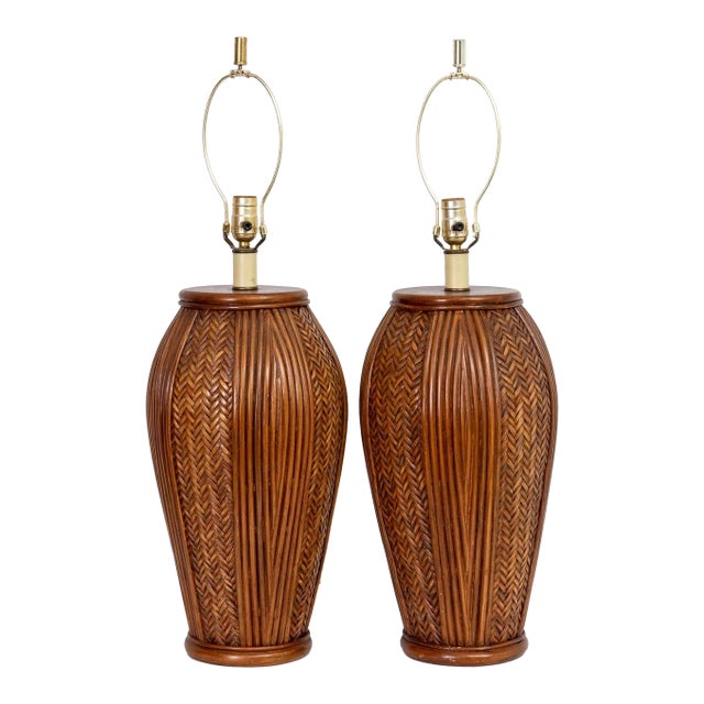 Pair of Tall Mid Century Rattan Lamps For Sale