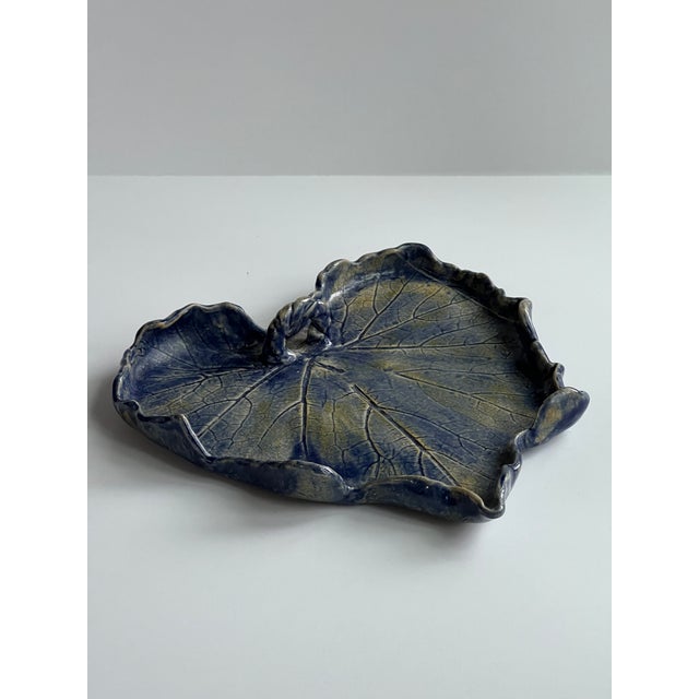 Traditional Handmade Blue Pottery Grape Leaf Serving Plate With Handle For Sale - Image 3 of 6