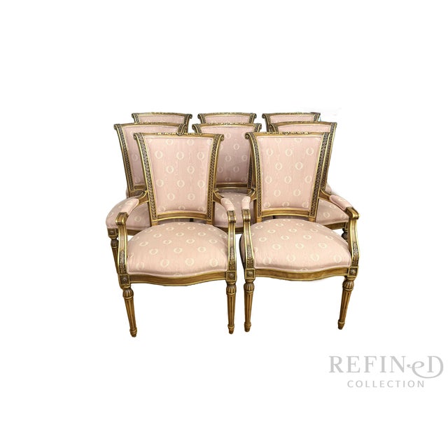 French Set of 8 Karges Louis XVI–Style Dining Chairs in Scalamandre Fabric (2 Arm, 6 Side) For Sale - Image 3 of 18