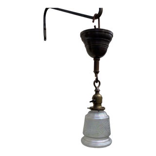 Vintage Brass Miller Ceiling Fixture With Vintage Etched Shade For Sale