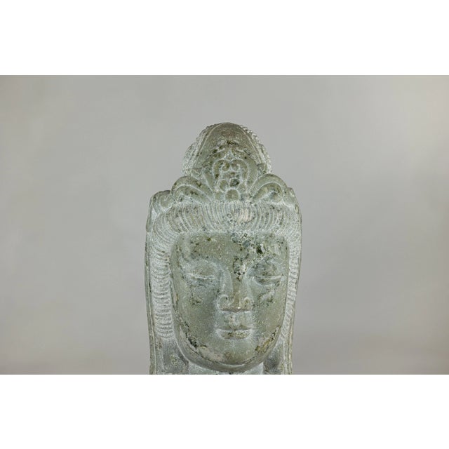 Stone Hand-Carved Vintage Chinese Stone Quán Yīn Head Sculpture with Natural Patina For Sale - Image 7 of 12