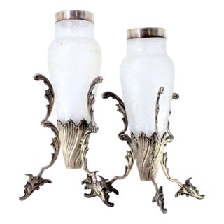Silver and Frosted Glass Vases with Floral Reliefs, Applications and God-Shaped Cut-Out Feet, Set of 2 For Sale