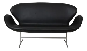 Swan Sofa in Black Aura Leather by Arne Jacobsen, 2000s