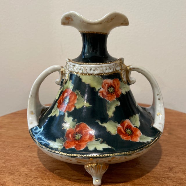 Antique Early Nippon Hand Made Porcelain Double Handle 3 Footed Hand Painted Vase For Sale - Image 13 of 13