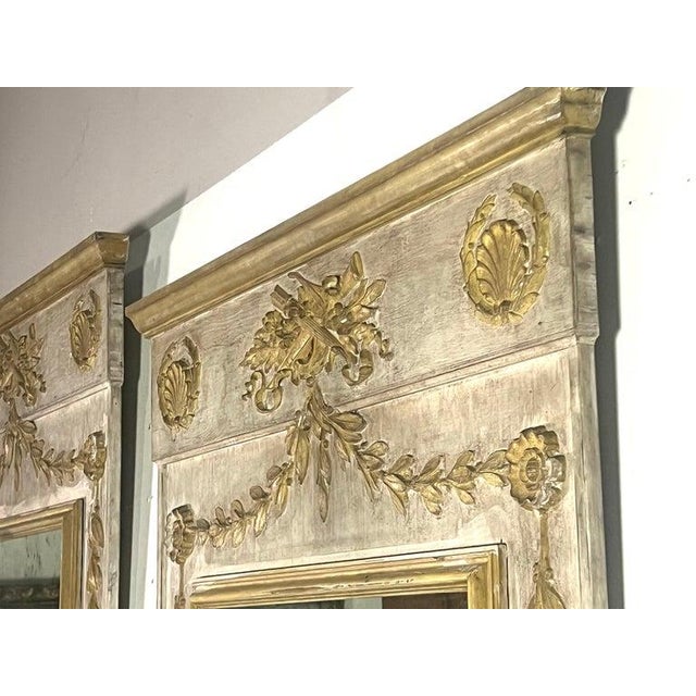 Pair of Carved Wood Painted Trumeau Mirror C. 1930 For Sale - Image 11 of 12