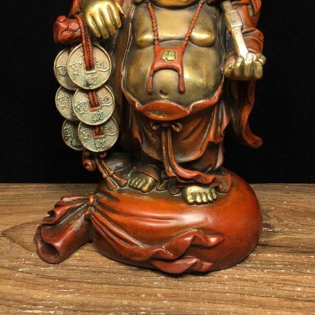 Bronze Vintage Gilt Patinated Bronze Laughing Buddha Sculpture With Coins and Ruyi Scepter For Sale - Image 8 of 9