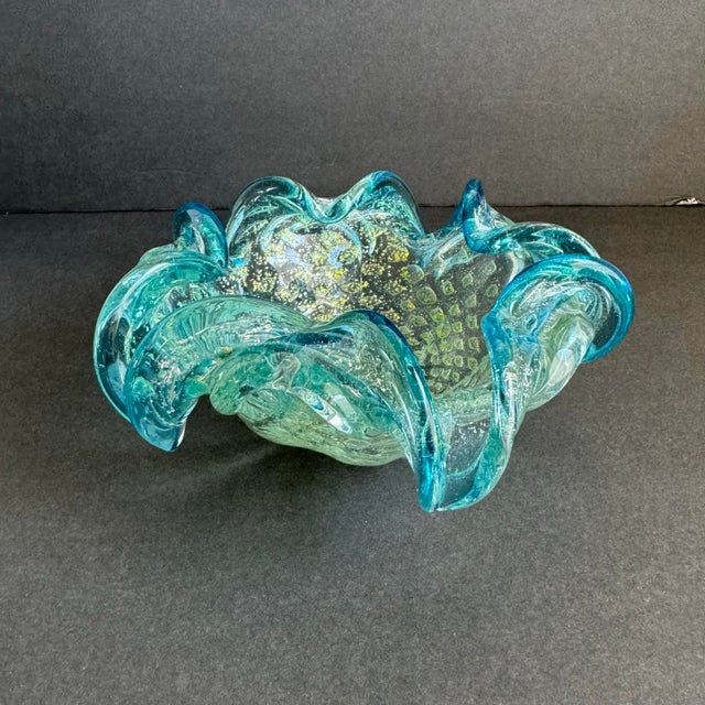 Mid-Century Modern Art Glass Dish Turquoise Gold Bullicante Bubbles Mid Century Italian Murano For Sale - Image 3 of 10