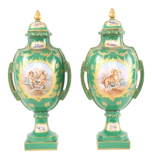 Early 20th Century Gilt Porcelain Dresden Covered Urns - a Pair