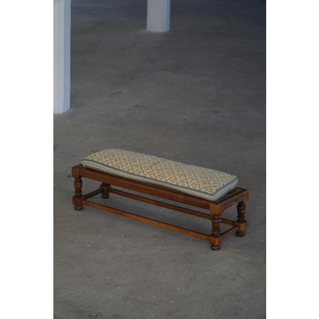 Blue Danish Oak Ottoman with Hand-Embroidered Cushion and Cane Seat, 1940s For Sale - Image 8 of 18