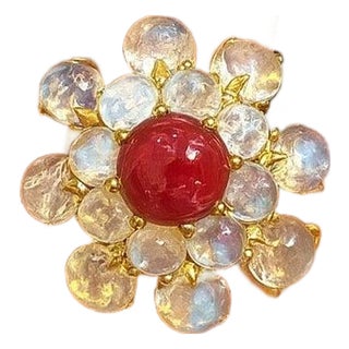 Bochic "Orient" Vintage Bubble Cabochon Ruby & Moon Stone Ring Set 18K Gold & Silver For Sale