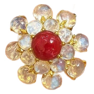 Bochic "Orient" Vintage Bubble Cabochon Ruby & Moon Stone Ring Set 18K Gold & Silver For Sale